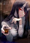  1girl abyssal_ship alcohol alternate_costume bangs battleship_princess black_collar breasts collar cup drinking_glass elbow_rest eyelashes hair_between_eyes head_rest highres holding holding_cup horns indoors kantai_collection large_breasts lips long_hair looking_at_viewer nail_polish pale_skin pink_nails red_eyes shirt shot_glass smile solo sparkle walzrj white_shirt 