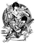  2boys absurdres barakamon black_hair calligraphy_brush greyscale handa_seishuu highres holding holding_brush instrument japanese_clothes kimono long_sleeves mashiro_no_oto monochrome multiple_boys paintbrush plectrum sandals sawamura_setsu shamisen socks torike_(cc3323) 