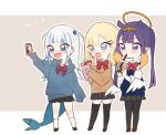  3girls :d absurdres alternate_costume alternate_hairstyle arm_up black_legwear blonde_hair blue_eyes blue_hair blush bow bowtie bubble_tea cardigan cellphone chibi commentary_request crepe drinking fish_tail food full_body gawr_gura grey_background grey_hair hair_ornament hairclip halo highres hololive hololive_english long_hair long_sleeves multicolored_hair multiple_girls neru_(flareuptf1) ninomae_ina&#039;nis open_mouth pantyhose phone pleated_skirt pointy_ears purple_hair red_bow red_neckwear school_uniform shark_tail sharp_teeth skirt sleeves_past_fingers sleeves_past_wrists smile standing streaked_hair tail teeth tentacle_hair thigh-highs twintails two-tone_background two_side_up v violet_eyes watson_amelia white_background white_legwear wings zettai_ryouiki 