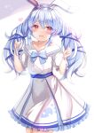  1girl :d animal_ears bangs blue_hair blue_ribbon blush bunny-shaped_pupils collarbone commentary_request cowboy_shot dress eyebrows_visible_through_hair frilled_dress frills hair_ribbon hands_up highres holding holding_hair hololive long_hair looking_at_viewer multicolored_hair open_mouth puffy_short_sleeves puffy_sleeves rabbit_ears rabbit_girl red_eyes ribbon short_eyebrows short_sleeves sidelocks smile solo standing streaked_hair thick_eyebrows twintails two-tone_hair usada_pekora virtual_youtuber white_dress white_hair wristband yuano 
