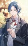 1boy bko123 blue_eyes blue_hair blurry blurry_background blurry_foreground champagne_flute cup drinking_glass earrings flower formal highres jewelry langa_hasegawa long_sleeves looking_at_viewer male_focus red_neckwear simple_background sk8_the_infinity solo suit upper_body 