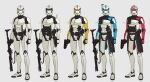  5boys armor clenched_hand clone_trooper energy_gun english_commentary grey_background gun handgun highres holding holding_gun holding_weapon looking_at_viewer multiple_boys pistol radio_antenna redesign rifle ruben_menzel science_fiction star_wars variations visor weapon 