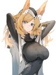  1girl animal_ears arknights blonde_hair blue_eyes breasts closed_mouth hand_in_hair hat highres horse_ears large_breasts long_hair long_sleeves looking_at_viewer mikojin simple_background upper_body whislash_(arknights) white_background 
