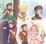  &gt;_&lt; 1girl 3boys animal_ears arrow_(symbol) backpack bag bangs barry_(pokemon) beanie blonde_hair blush bracelet brendan_(pokemon) brown_eyes brown_hair brown_pants burgh_(pokemon) bush choker clenched_hands closed_eyes closed_mouth commentary_request eyelashes fake_animal_ears gen_2_pokemon green_bag green_headwear green_pants green_scarf hairband hands_up hat hiding highres holding holding_stick holding_strap jacket jewelry may_(pokemon) multiple_boys musical_note on_head open_mouth pants pink_choker pink_skirt pokemon pokemon_(creature) pokemon_(game) pokemon_dppt pokemon_masters_ex pokemon_on_head pokemon_oras rabbit_ears scarf short_hair short_sleeves skirt smile stick tailcoat togepi tongue translation_request tree turtleneck white_headwear wrist_cuffs yairo_(sik_s4) yellow_hairband zipper_pull_tab |d 