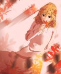  1girl aki_shizuha alternate_costume arm_behind_back blonde_hair buttons collared_dress covering_mouth dress hair_ornament highres holding holding_leaf irohasu_(sasagarasu) leaf leaf_hair_ornament looking_at_viewer medium_hair pink_background pink_dress red_eyes sleeve_cuffs solo touhou 