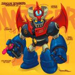  can character_name chibi clenched_hand english_text highres holding holding_can mazinger_z mazinger_z_(mecha) mecha mechanical_wings muhammad_firdaus science_fiction signature solo spray_can spray_paint super_robot wings yellow_eyes 