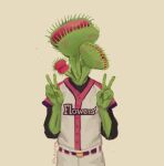  1other artist_name baseball_jersey baseball_uniform blaseball blush colored_skin double_v facing_viewer gloria_bugsnax green_skin hands_up kalolifer monster_girl open_mouth plant simple_background sportswear v venus_flytrap white_background 