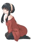 1girl backless_outfit bare_shoulders between_legs black_hair black_legwear blush breasts commentary from_side full_body hairband hand_between_legs highres kakiyuki looking_at_viewer medium_breasts medium_hair off-shoulder_sweater off_shoulder open_mouth pantyhose red_eyes red_sweater ribbed_sweater seiza sidelocks simple_background sitting solo spy_x_family sweater white_background yoru_briar 