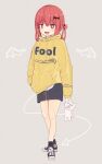  1girl :3 :d alternate_costume animal arm_at_side artist_request bangs bat_hair_ornament blue_skirt blush breasts bright_pupils clothes_writing dog eyebrows_visible_through_hair full_body gabriel_dropout grey_background hair_ornament hair_rings hand_in_pocket highres holding holding_animal hood hoodie imageboard_desourced looking_at_viewer open_mouth oversized_clothes red_eyes redhead satanichia_kurumizawa_mcdowell short_hair simple_background skirt sleeves_past_fingers sleeves_past_wrists small_breasts smile solo source_request standing third-party_source v-shaped_eyebrows white_pupils yellow_hoodie 