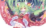  1girl ahoge akashi_(azur_lane) animal_ear_fluff animal_ears azur_lane bell blush cat_ears coin commentary_request drum_(container) eyebrows_visible_through_hair gear_print green_hair hair_bell hair_ornament japanese_clothes jingle_bell kimono long_hair long_sleeves looking_at_viewer mouth_hold simple_background sleeves_past_fingers sleeves_past_wrists sudango thigh-highs twitter_username very_long_hair white_background wide_sleeves wrench yellow_eyes yukata 