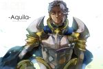  1boy armor asymmetrical_hair blue_cape breastplate cape character_name closed_mouth commentary_request copyright_name dated gauntlets looking_at_viewer male_focus ragnarok_online reload9_yohji royal_guard_(ragnarok_online) short_hair signature smile solo upper_body watermark web_address white_background white_hair yellow_eyes 