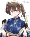  1girl alcohol alternate_costume alternate_hairstyle black_gloves blue_kimono breasts brown_eyes brown_hair champagne champagne_flute commentary_request cup drinking_glass enmaided gloves half_gloves highres holding japanese_clothes kaga_(kancolle) kantai_collection kimono large_breasts maid maid_headdress matsunaga_(haku) print_kimono simple_background solo twintails upper_body wa_maid white_background 