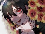  1boy bangs black_hair black_jacket blurry blurry_background commentary_request dangan_ronpa_(series) dangan_ronpa_v3:_killing_harmony flower flower_request hair_between_eyes hand_on_own_throat hands_up jacket looking_at_viewer male_focus niwatori_panda open_mouth red_eyes red_flower saihara_shuuichi saliva short_hair solo striped striped_jacket sweat teeth tongue yellow_flower 