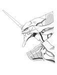  aron_e eva_01 from_side greyscale highres horns looking_ahead mecha monochrome neon_genesis_evangelion science_fiction single_horn solo upper_body white_background 