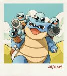  :d artist_name blastoise border brown_eyes clouds commentary dated day english_commentary gen_1_pokemon highres looking_back no_humans open_mouth outdoors pokemon pokemon_(creature) riding_pokemon sky smile squirtle squirtle_squad standing starter_pokemon teletelo tongue white_border 