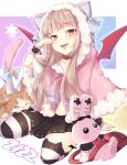  1girl :d animal animal_ear_legwear animal_ears animal_hood arm_support bag bangs bell black_skirt blue_bow bow brown_hair capelet cat cat_ear_legwear cat_ears cat_hood cat_tail collar collarbone demon_wings eyebrows_visible_through_hair fake_animal_ears fang full_body fur-trimmed_capelet fur-trimmed_hood fur_trim hand_up highres hiko_(zem_n) hood hood_up hooded_capelet jingle_bell looking_at_viewer makaino_ririmu multicolored_hair navel nijisanji open_mouth over-kneehighs pink_capelet pleated_skirt red_collar red_eyes red_wings redhead shoulder_bag signature skirt smile solo streaked_hair striped striped_legwear stuffed_animal stuffed_bunny stuffed_toy tail tail_bell tail_bow tail_ornament tail_raised thigh-highs virtual_youtuber wings wrist_cuffs 