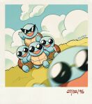  artist_name blurry blurry_foreground border carrying clouds commentary dated day english_commentary gen_1_pokemon grass highres looking_at_viewer no_humans outdoors pokemon pokemon_(creature) sky squirtle squirtle_squad standing starter_pokemon sunglasses teletelo white_border 