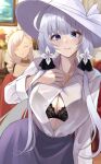  2girls alternate_costume azur_lane bangs belfast_(azur_lane) black_bra blue_eyes blue_skirt blurry blush bra breasts closed_eyes closed_mouth collarbone collared_shirt depth_of_field eyebrows_visible_through_hair hand_on_own_chest hat highres illustrious_(azur_lane) large_breasts long_hair long_sleeves looking_at_viewer mole mole_under_eye multiple_girls nail_polish shirt shirt_tucked_in silver_hair skirt solo_focus sun_hat underwear wee_(weeyy) white_headwear white_shirt yellow_nails 