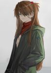  1girl bangs blue_eyes brown_hair expressionless eyebrows_behind_hair eyepatch from_side green_jacket grey_background hands_in_pockets highres hood hooded_jacket interface_headset isshiki_(ffmania7) jacket neon_genesis_evangelion one_eye_covered rebuild_of_evangelion red_scarf scarf shikinami_asuka_langley solo souryuu_asuka_langley two_side_up 