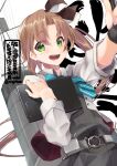  1girl akigumo_(kancolle) brown_hair eyebrows_visible_through_hair green_eyes kantai_collection long_hair long_sleeves mole mole_under_eye nigo open_mouth ponytail remodel_(kantai_collection) simple_background smile smokestack solo twitter_username white_background 