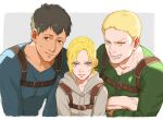  1girl 2boys annie_leonhardt bertolt_hoover black_hair blonde_hair blue_eyes blue_shirt collarbone crossed_arms green_shirt highres hood hoodie looking_at_viewer meipu_hm multiple_boys reiner_braun shingeki_no_kyojin shirt short_hair simple_background smile suspenders upper_body yellow_eyes 