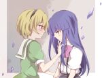  2girls blonde_hair blue_hair blush furude_rika higurashi_no_naku_koro_ni houjou_satoko looking_at_another multiple_girls red_eyes serious smile todo violet_eyes 