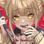  +_+ 1girl :d bangs beige_sweater blonde_hair blood blunt_bangs blush boku_no_hero_academia cuts doongdang double_bun eyebrows_visible_through_hair face finger_to_mouth hands_up highres holding holding_knife injury knife looking_at_viewer messy_hair open_mouth red_background sidelocks simple_background smile solo teeth toga_himiko yellow_eyes 