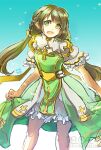  1girl alternate_color archbishop_(ragnarok_online) bangs bloomers brown_hair cleavage_cutout clothing_cutout commentary_request cross dated dress feet_out_of_frame frilled_sleeves frills green_dress green_eyes long_hair looking_at_viewer official_alternate_costume open_mouth pointy_ears ragnarok_online reload9_yohji short_sleeves signature solo twintails two-tone_dress underwear watermark web_address white_dress 