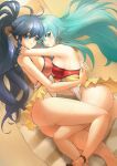  2girls ahoge aqua_eyes aqua_hair ass beach beach_towel blue_eyes blue_hair blush braid breast_press breasts deekei earrings eirika_(fire_emblem) english_commentary eyebrows_visible_through_hair feet_out_of_frame fire_emblem fire_emblem:_the_sacred_stones fire_emblem_heroes hair_ornament highres holding_another hug jewelry large_breasts locked_legs long_hair looking_at_viewer lying multiple_girls on_side one-piece_swimsuit ponytail sand shadow shy side_braid sideboob sidelocks signature smile swimsuit swimsuit_skirt symmetrical_docking tana_(fire_emblem) thighs towel very_long_hair wet 