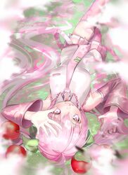  1girl absurdres bare_shoulders blurry blurry_foreground cherry_blossom_print cherry_hair_ornament detached_sleeves floral_print food_themed_hair_ornament gouya_daifuku hair_ornament hand_up hatsune_miku highres long_hair looking_at_viewer lying miniskirt necktie on_back pink_eyes pink_hair pink_legwear pink_neckwear pink_skirt pink_sleeves pleated_skirt sakura_miku see-through_sleeves shading_eyes shirt skirt smile solo thigh-highs twintails upside-down very_long_hair vocaloid white_shirt zettai_ryouiki 