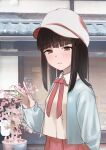  1girl alternate_costume bangs black_hair blouse blue_jacket blunt_bangs brown_eyes commentary_request hatsuyuki_(kancolle) hime_cut jacket kantai_collection long_hair looking_at_viewer parted_lips plant potted_plant red_skirt sakieko skirt solo white_blouse white_headwear 