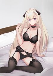  1girl black_bra black_choker black_legwear black_panties blonde_hair bra breasts choker collarbone g3_(girls_frontline) garter_belt girls_frontline hakugin006 headgear highres lace-trimmed_legwear lace_trim long_hair medium_breasts navel panties solo thigh-highs underwear underwear_only very_long_hair violet_eyes 