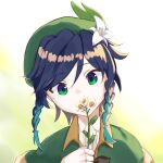  1boy androgynous bangs beret black_hair blue_eyes blue_hair bow braid cape collared_cape collared_shirt commentary_request covered_mouth eyebrows_visible_through_hair flower genshin_impact gradient_hair green_eyes green_headwear hair_flower hair_ornament harupipi678 hat highres holding holding_flower leaf looking_at_viewer male_focus multicolored multicolored_eyes multicolored_hair shirt short_hair_with_long_locks solo twin_braids venti_(genshin_impact) white_background white_flower white_shirt 