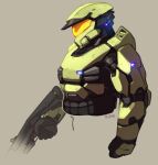  1boy artist_name beige_background clenched_hand cropped_torso english_commentary halo_(game) helmet looking_down male_focus master_chief power_armor ruben_menzel science_fiction solo spartan_(halo) visor 