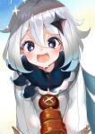  1girl absurdres artist_request black_scarf blue_eyes bodysuit drooling eyebrows_visible_through_hair food genshin_impact hair_ornament highres open_mouth paimon_(genshin_impact) saliva scarf short_hair silver_hair smile solo sparkle sparkling_eyes white_bodysuit 