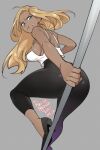  1girl 2021 :t agawa_ryou artist_name bare_shoulders blonde_hair blue_eyes breasts commentary dark_skin dark-skinned_female dated english_commentary grey_background high_heels large_breasts long_hair looking_back original pole sideboob signature solo sweatdrop 