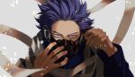  1boy bangs blue_eyes blue_hair blue_shirt boku_no_hero_academia covered_mouth hands_up long_sleeves looking_at_viewer male_focus mask mkm_(mkm_storage) mouth_mask purple_hair scarf shinsou_hitoshi shirt signature solo spiky_hair u.a._gym_uniform upper_body weapon white_scarf 