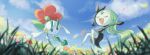  blurry closed_eyes closed_mouth clouds commentary_request day floating floette flower gen_5_pokemon gen_6_pokemon grass green_hair holding holding_flower long_hair meloetta mythical_pokemon open_mouth outdoors outstretched_arm petals pokemon pokemon_(creature) punico_(punico_poke) sky smile tongue |d 