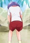  1girl from_behind haruyama_kazunori palm_tree precure purple_hair red_shorts shirt short_hair short_sleeves shorts solo standing suzumura_sango tree tropical-rouge!_precure white_shirt 