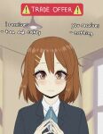  1girl :3 blush brown_eyes brown_hair closed_mouth eyebrows_visible_through_hair hair_ornament hairclip highres hirasawa_yui indoors k-on! looking_at_viewer meme short_hair smile solo upper_body young_savage 