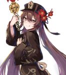  1girl absurdres bangs black_coat black_headwear blush breasts brown_hair coat flower genshin_impact hat hat_flower highres hitomin_(ksws7544) hu_tao licking_lips long_hair long_sleeves looking_at_viewer plum_blossoms polearm red_eyes small_breasts smile spear symbol-shaped_pupils tongue tongue_out twintails very_long_hair weapon 