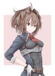  1girl ascot belt breasts brown_belt brown_hair flower gloves grey_eyes highres kantai_collection long_hair messy_hair military military_uniform miyasutou red_flower red_neckwear red_rose rose sheffield_(kancolle) small_breasts solo uniform upper_body white_gloves 
