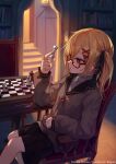  1girl arm_rest armchair bangs black_ribbon black_skirt blonde_hair blurry blurry_background bookshelf breasts brigare brown_jacket chair chess_piece chessboard commentary copyright_name hair_ornament hair_ribbon holding holding_chess_piece indoors jacket king_(chess) long_sleeves makihitsuji medium_breasts on_chair one_side_up orange_eyes parted_lips ribbon semi-rimless_eyewear sidelocks sitting skirt solo sweater sweater_under_jacket symbol_commentary table white_sweater x_hair_ornament 