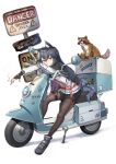  1girl :p absurdres animal_ears arknights black_legwear character_name cigarette expressionless fingerless_gloves full_body gloves ground_vehicle highres jacket long_hair motor_vehicle one_way_sign orange_eyes pantyhose penguin_logistics_logo road_sign scooter short_shorts shorts sign tail tanuki texas_(arknights) tongue tongue_out wolf_ears wolf_tail woodpecker_(alsdndlekd) 