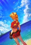  1girl beach bead_necklace beads bird blonde_hair brown_gloves chrono_cross clouds cowboy_shot day from_behind gloves hankuri island jewelry kid_(chrono_cross) long_hair necklace ocean outdoors ponytail red_shirt red_skirt seagull shirt short_sleeves skirt solo 