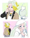  1boy 1girl animal_ears blonde_hair blue_eyes blush brown_jacket collared_shirt commentary_request gordie_(pokemon) gym_leader hat head_rest heyasamu highres jacket jewelry long_hair long_sleeves melony_(pokemon) mother_and_son multicolored_hair necklace parted_lips pokemon pokemon_(game) pokemon_swsh scarf shirt streaked_hair sweatdrop tail two-tone_hair white_headwear white_scarf 