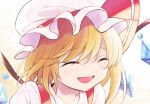  1girl bangs blonde_hair blush closed_eyes commentary_request crystal fang flandre_scarlet hat mob_cap nakukoroni open_mouth portrait red_ribbon ribbon shirt smile solo touhou white_background white_headwear white_shirt wings yellow_background 