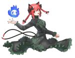  1641_(chfhrtor94) 1girl :p animal_ears bangs black_bow black_dress bow braid cat_ears cat_tail closed_mouth cropped_legs dress extra_ears eyebrows_visible_through_hair from_side hair_bow hitodama kaenbyou_rin long_sleeves looking_at_viewer medium_hair multiple_tails nekomata red_eyes redhead side_braids simple_background smile solo tail tongue tongue_out touhou twin_braids two_tails white_background 