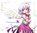  1girl bangs bow bowtie braid covered_mouth cowboy_shot dress eyebrows_visible_through_hair french_braid from_side isu_(is88) jacket kishin_sagume long_sleeves looking_at_viewer purple_dress red_bow red_eyes red_neckwear single_wing solo standing touhou white_background white_jacket white_wings wings 