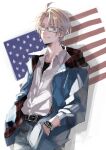  1boy ahoge america_(hetalia) american_flag axis_powers_hetalia bangs belt blonde_hair blue_eyes blue_jacket glasses hair_between_eyes hood hood_down hooded_jacket jacket long_sleeves maka_(morphine) male_focus open_clothes open_jacket pants shirt simple_background solo twitter_username watch watch white_shirt 